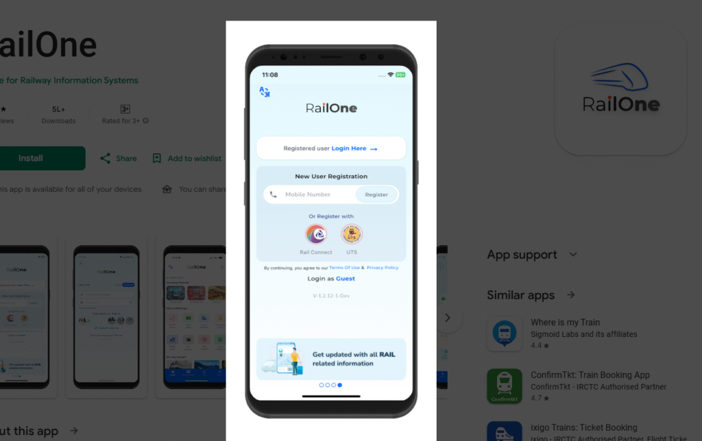 RailOne App login page